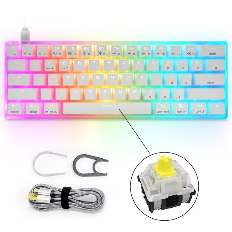 

60% компактная клавиатура с 61 клавишами и программируемым по RGB, USB Проводная эргономичная игровая клавиатура, подходит для ПК геймеров