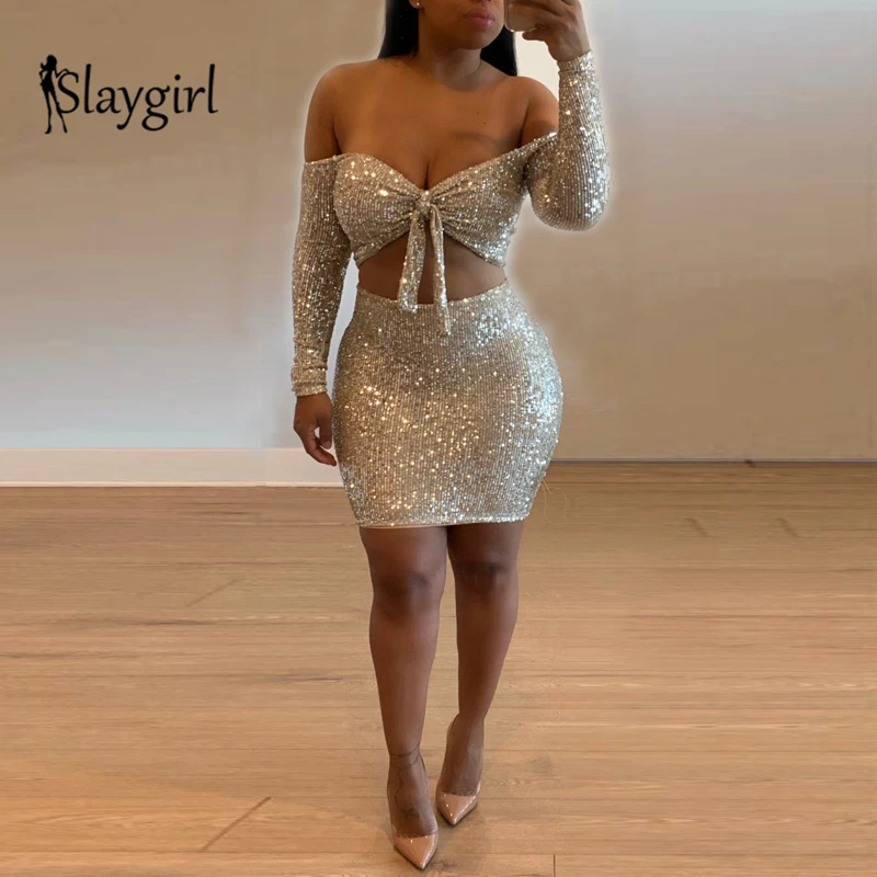 Slaygirl, облегающее сексуальное платье с блестками, женские вечерние мини-платья, Клубное платье с бантом и открытыми плечами, Дамское летнее платье, осеннее платье с длинным рукавом