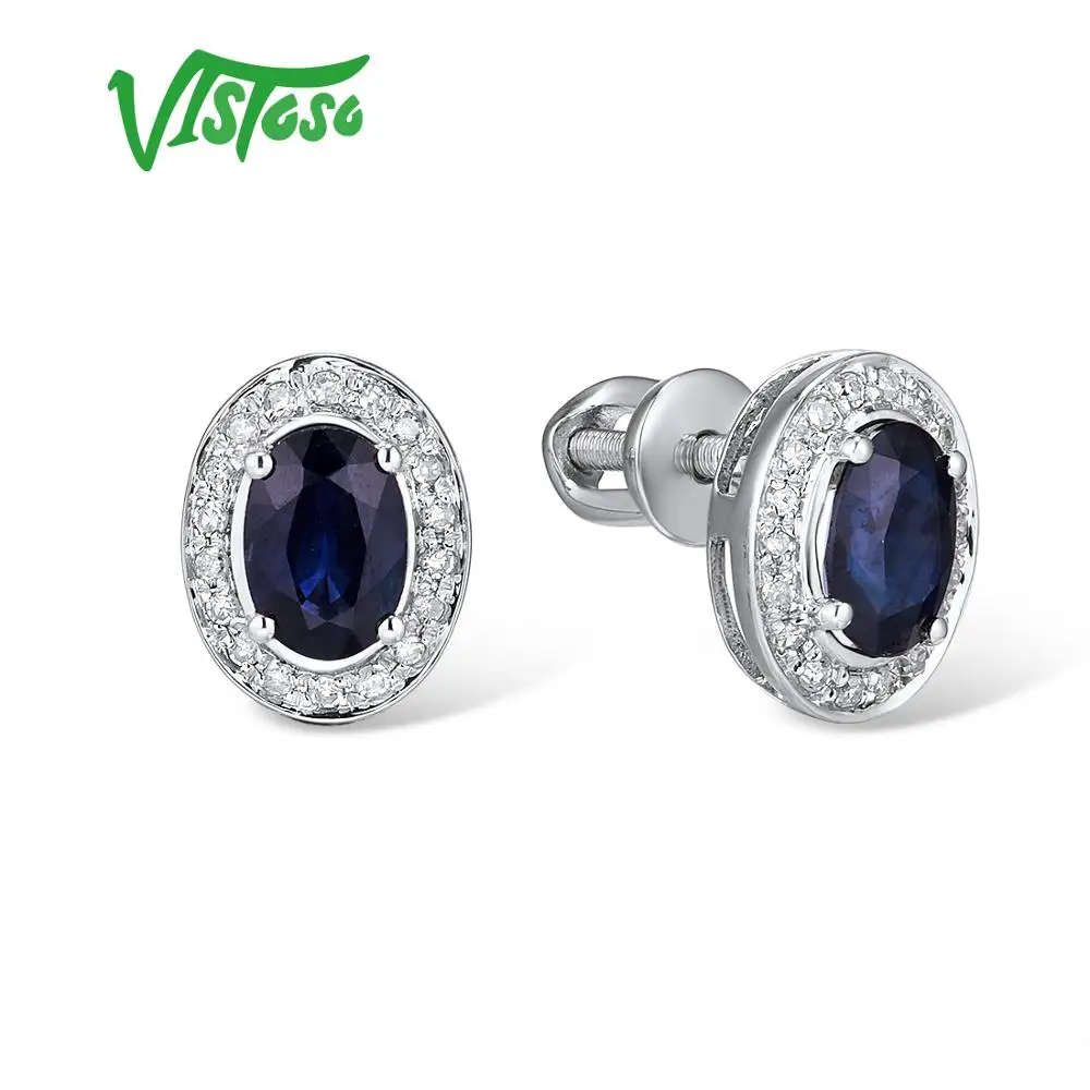 VISTOSO Pure 14K 585 роза/серьги из Белого Золота Шпилька для женщин Элегантный синий сапфир сверкающие бриллианты уникальные модные ювелирные изделия