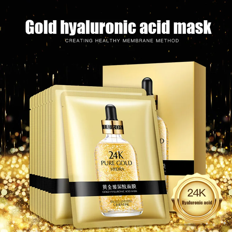 

10pcs 24K Gold Hyaluronic Acid Facial Masks Anti-Aging Moisturizing Oil-control Skin Care Product MH88