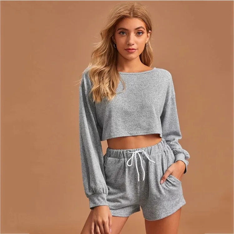 

New Women Casual 2-Piece Outfit Set Long Sleeve Solid Color Top+Drawstring Shorts Set For Ladies Trend Fashion