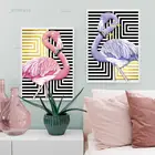 Картина на холсте с фиолетовыми фламинго, золотыми линиями, картина на Скандинавском холсте, картины на стену для декора гостиной