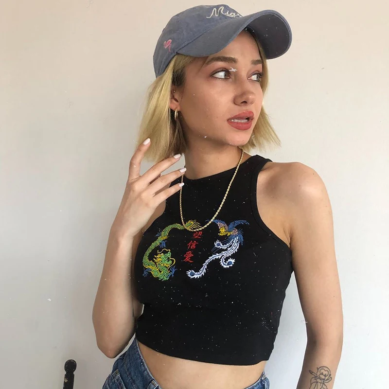 Кроп-топ Artsu женский с вышивкой дракона повседневный топ без рукавов уличная