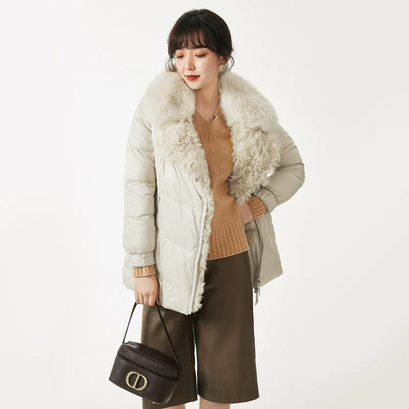 Fur Collar 2021 New Fox Patchwork Wool Coat warm thick Female 90% White Duck Down Zipper Winter Jacket Women