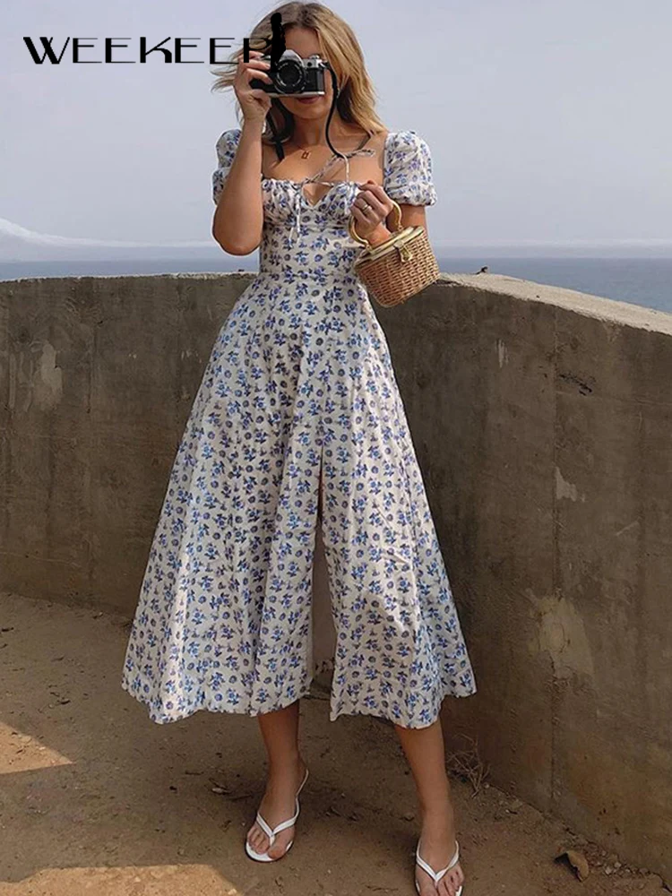 

Weekeep Elegant Y2k Floral Long Dress Women Short Sleeve High Split Sexy Slim Vacation Dresses Fashion Ladies Fairycore Clothing