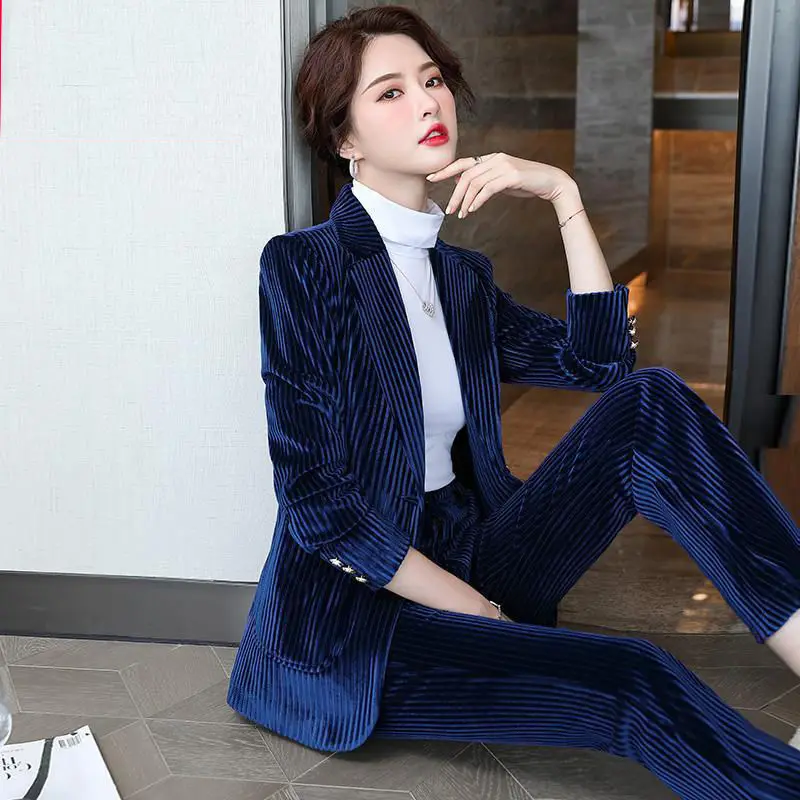 2021 New Spring Ladies Two-piece Suit Fashion High-quality Gold Velvet Button Stitching Jacket and Pants Suit Women Suits  Lo210