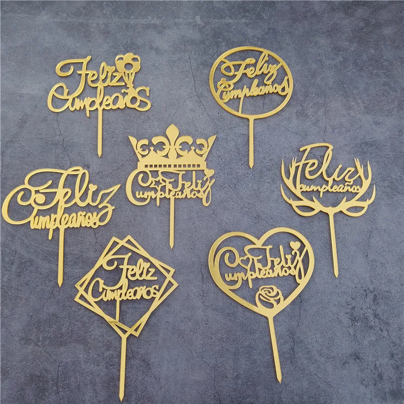 

10pcs/lot Golden Black Acrylic Cake Decoration Spanish Language Feliz Cumpleanos Happy Birthday Cake Topper Dessert Decor