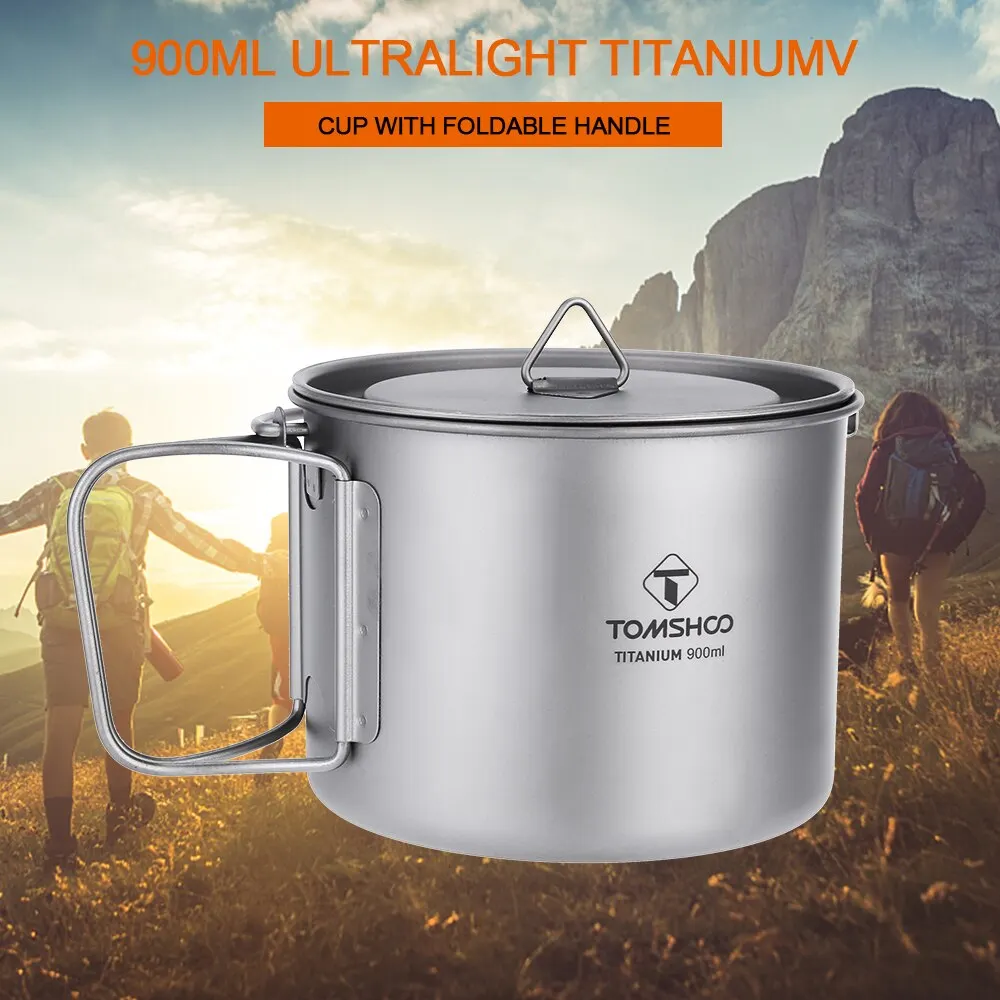 TOMSHOO 900ML Portable Titanium Pot Water Mug Cup with Lid and Foldable Handle for Outdoor Camping Cooking Picnic | Спорт и
