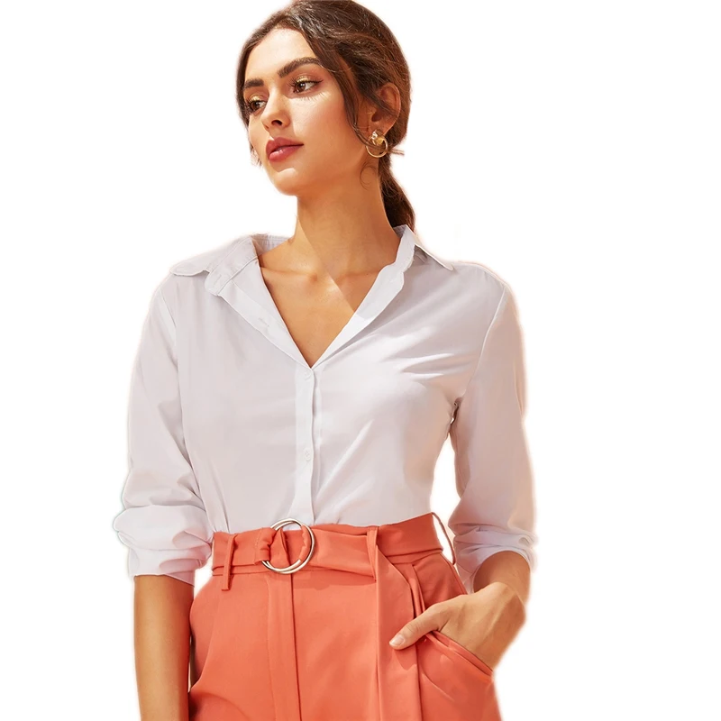 SHEIN белая однотонная однобортная Офисная Женская блузка рубашка женские топы осенние элегантные блузки с длинным рукавом и отложным воротником