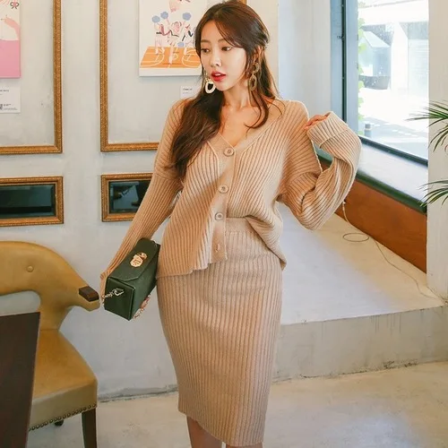 Женский винтажный Трикотажный костюм двойка кардиган с рукавами фонариками +