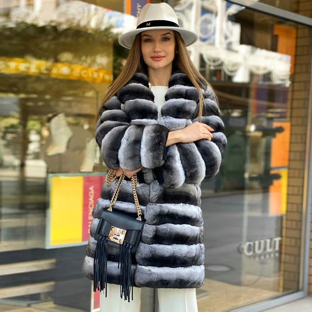 Mid-length Real Rex Rabbit Fur Coat with Lapel Collar 2022 Trendy Women Winter New Genuine Rex Rabbit Fur Coat Chinchilla Color