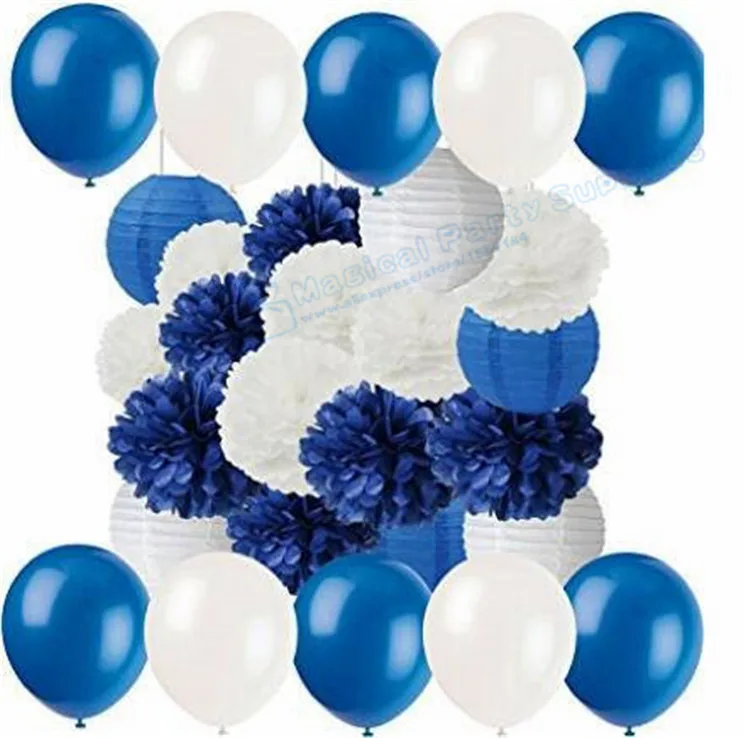 2 комплекта темно синие белые салфетки Pom Poms бумажные Цветочные Висячие фонарики
