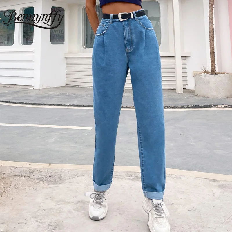 

Benuynffy Zipper Fly Slant Pocket Cotton Wash Jeans Woman 2021 Spring Summer Casual High Waist Straight Mom Jeans Without Belt