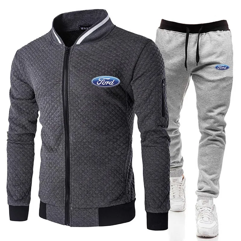 

2021 fashion sports Ford logo brand printing zipper shirt + trousers suit men's clothing slim sportswear 2-piece set