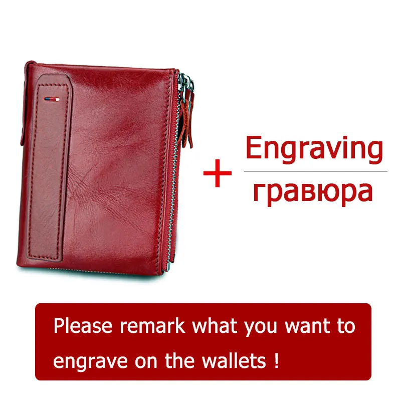 Red with engraving Мужские кошельки из натуральной кожи с гравировкой «сделай сам», держатель для кредитных карт, кошелек с двойной молнией, мужской кошелек из воловьей кожи, короткий кошелек - Цвет: Red with engraving