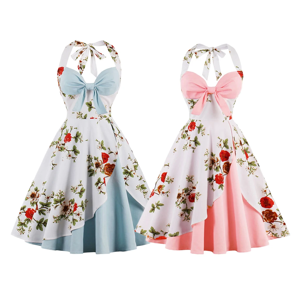 Винтажное плиссированное платье с цветочным принтом и лямкой на шее Rockabilly