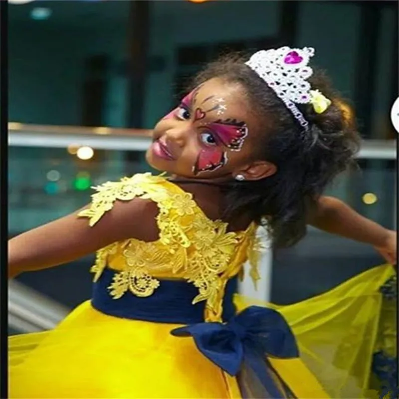 Белые/Желтые Платья с цветочным узором для девочек Королевские синие кружевные