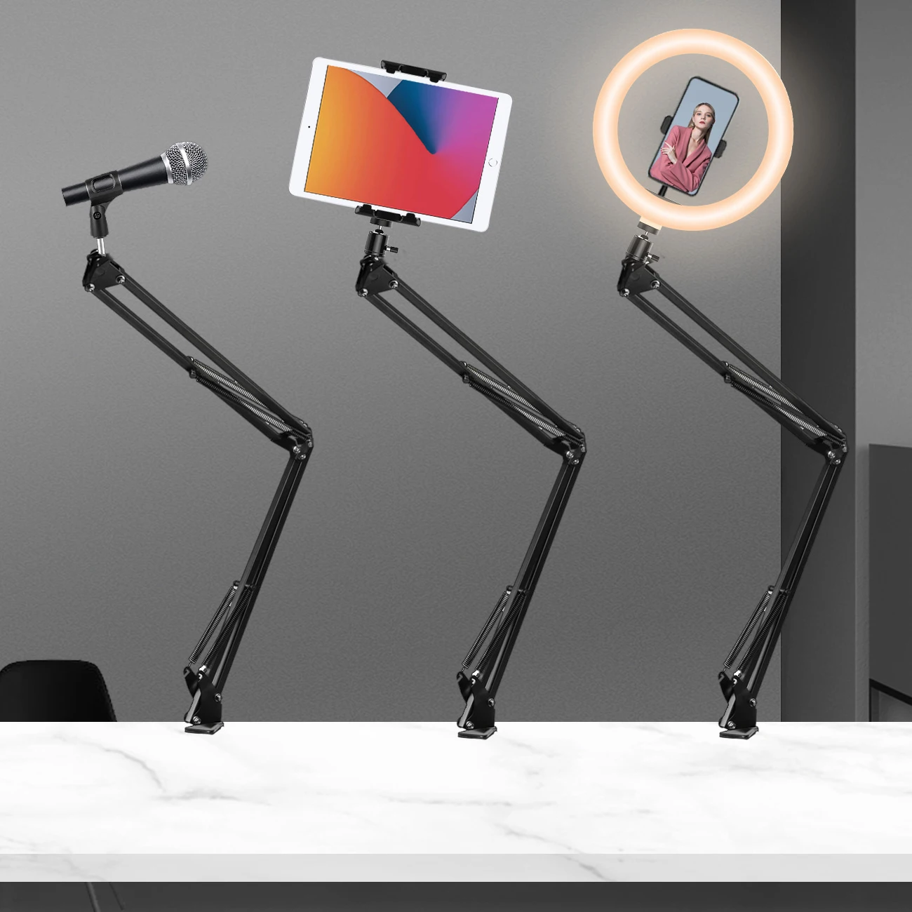 

Mic Boom Phone Holder, Boom Suspension Stand Clip for Smartphone Microphone Ring Light Tablet 360 Degree Desk Arm Stand