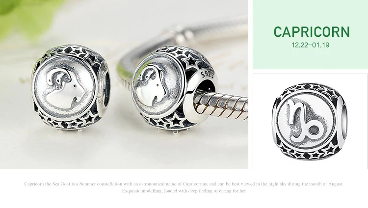 Capricorn BISAER, винтажный 925 пробы, серебряный, Водолей, Знак Звезды, Зодиак, бусины, подходят для шармов, браслеты, сделай сам, 12 созвездий EDC048 - Цвет: Capricorn