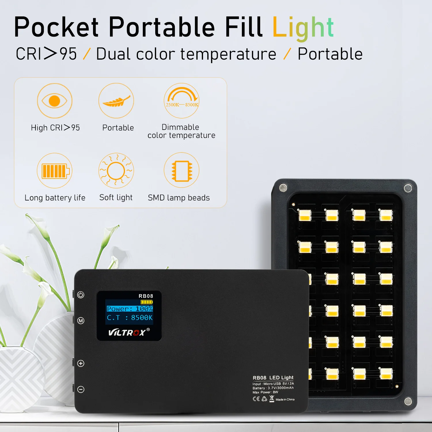 Viltrox RB08 Bi color 2500K 8500K Спортивная мини видеокамера на LED светильник Портативный