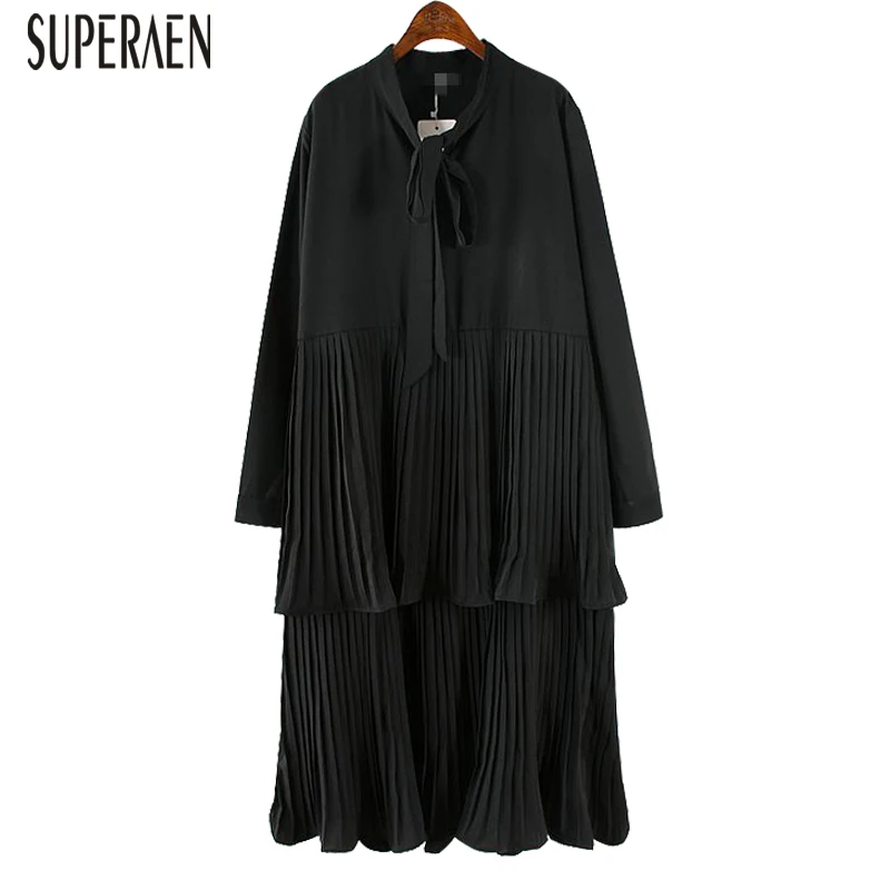SuperAen/осень, новое женское платье с бантом, стоячий воротник, стоячий длинный рукав, женское платье, однотонное повседневное плиссированное платье с высокой талией