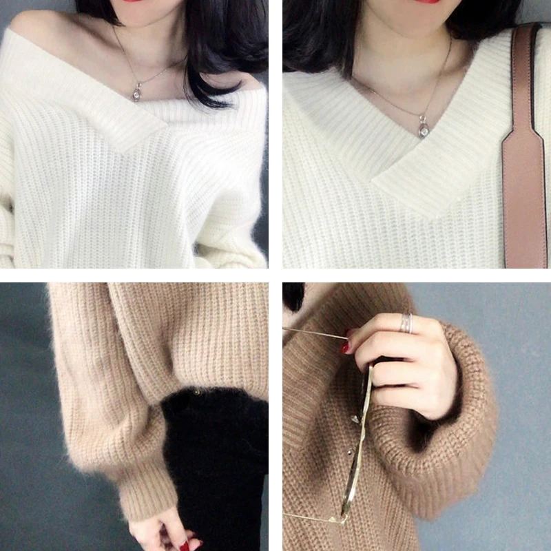 

V-Neck Women Autumn Sweater Knitted Lantern Sleeve Cashmere Female Pullover Solid Ladies Elegant Pull Femme Dropshipping