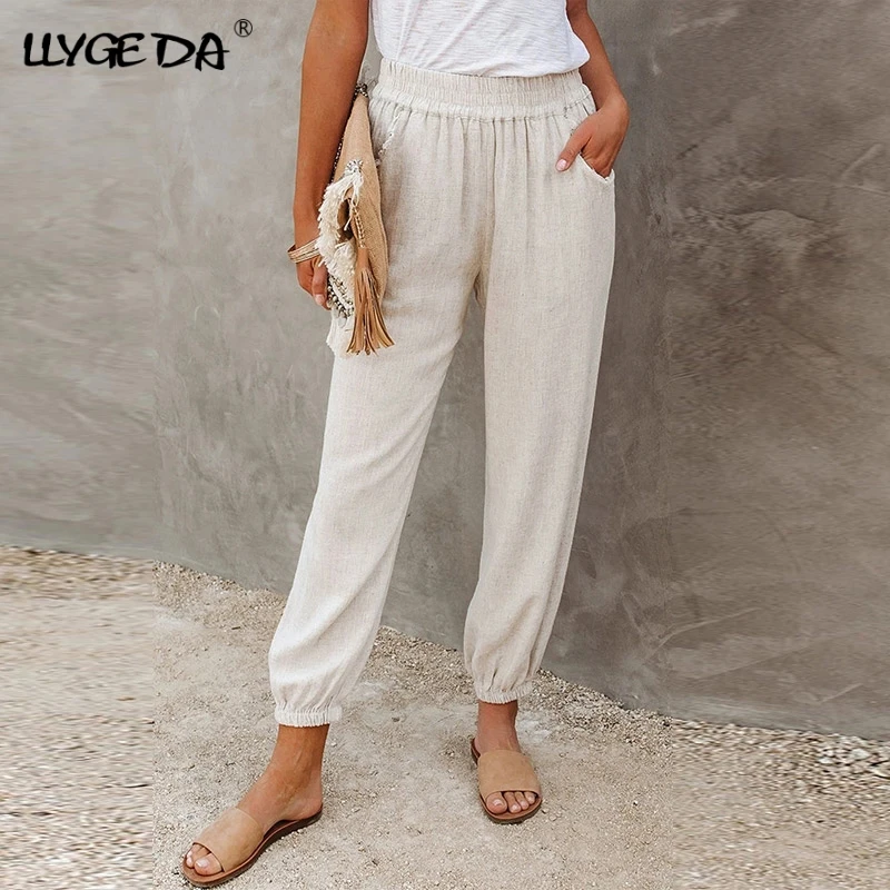 

Solid Loose High Waist Cropped Trousers Women's Pants Pocket Pencil Trouser For Female 2021 Summer Elastic Waist Casual Pant