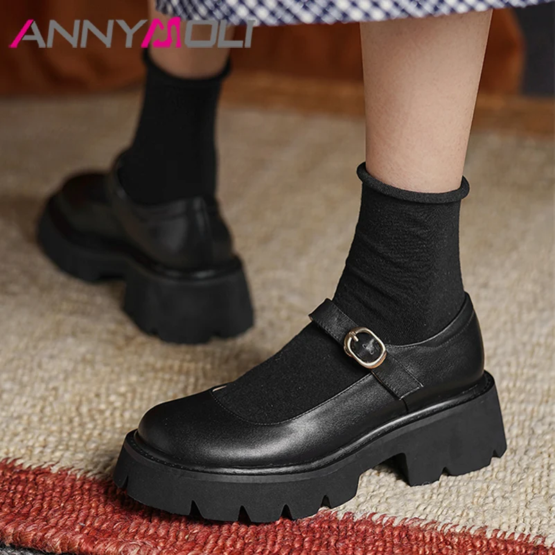 

ANNYMOLI Mary Janes Shoes Women Genuine Leather Platform Chunky Spring Heels Pumps Buckle Round Toe High Heel Footwear Black 40