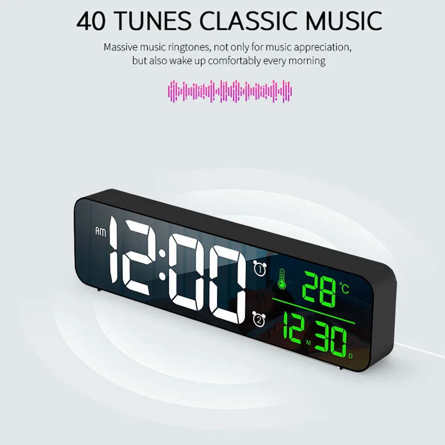

Горячая Распродажа цифровой зеркальный светодиодный музыкальный будильник с повтором температуры прикроватный будильник цифровые настол...