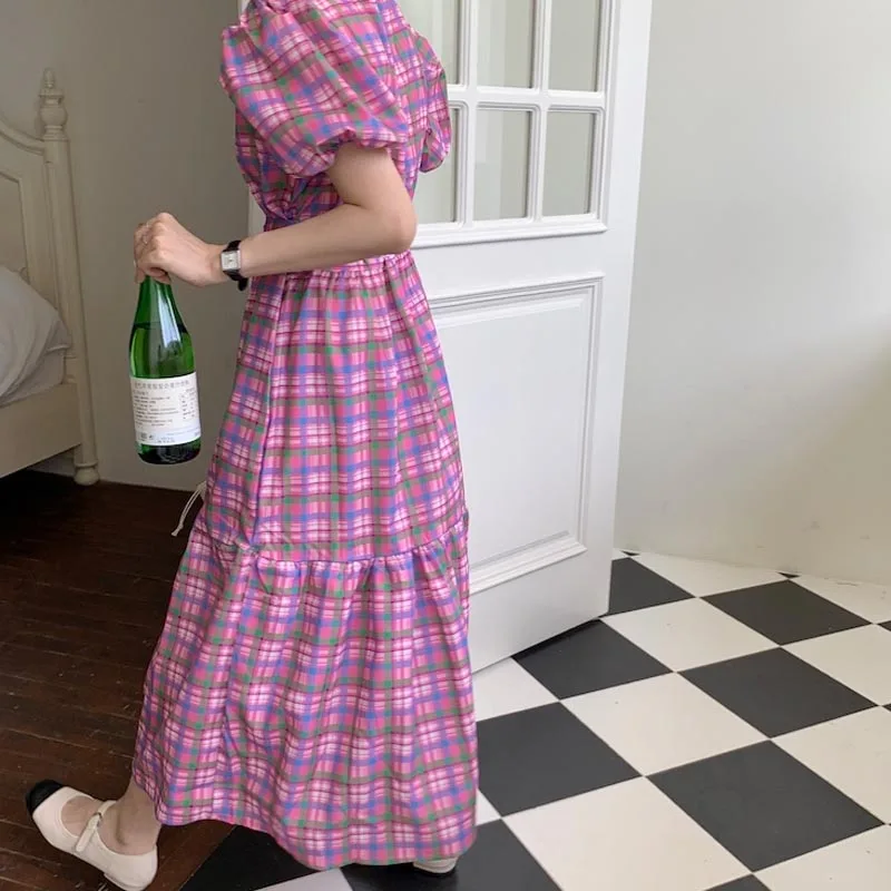 

One-Piece Summer Dress Women Korean Elegant O Neck Puff Sleeve Fashion Chic Plaid Lace-Up Dress Loose Female Long Dress Vestidos