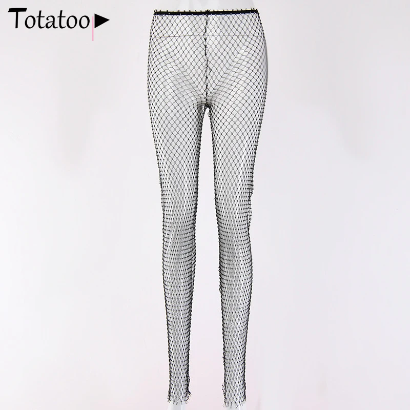 

Totatoop Black Crystal Diamond Fishnet Sexy Pants High Waist Rhinestions Hollow Out Transparent Beachwear Trousers For Women