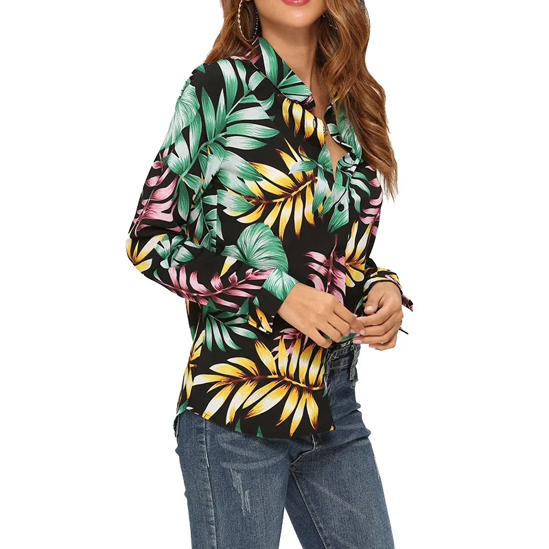 

Popular Turn-down Collar Chiffon Printed Long Sleeve Women's Shirt Top Blouses