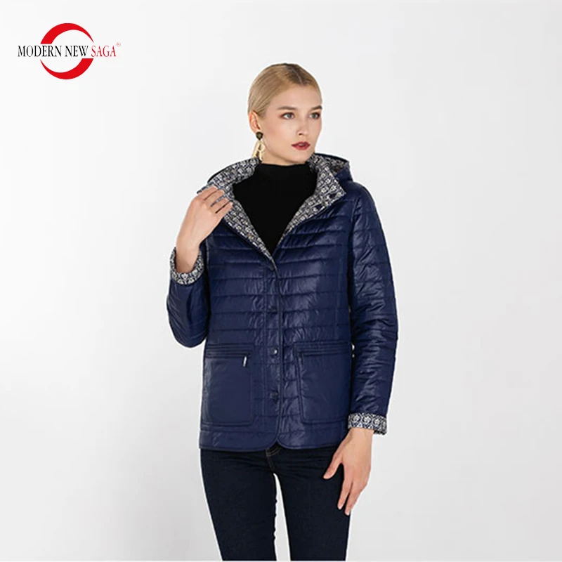 Blue MODERN NEW SAGA Осенняя Женская Куртка Двусторонняя Куртка Хлопок Стеганая Куртка С Капюшоном Синтепон Женское Пальто Короткое Теплая Куртка Для Женщин Куртки Женские Осенние Русский Размер - Цвет: Blue