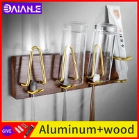 walnut solid bathroom toothbrush holder wall mounted shower screw free installation waterproof gold wooden double cup holder