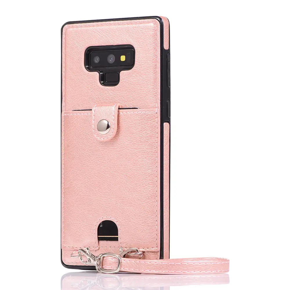 Тонкий чехол для samsung Note 10, 9, 8, S8, S9, S10E, S10 Plus, ударопрочный чехол из искусственной кожи с отделением для карт, с ремешком через плечо, с цепочкой, чехол на заднюю панель s9 - Цвет: Rose Gold