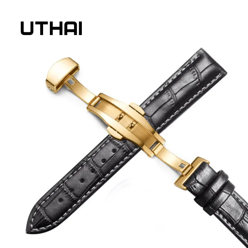 Gold-black-white UTHAI Z09 Plus Ремешки для наручных часов из натуральной кожи 12-24 мм Универсальные часы с бабочкой и пряжкой стальной ремешок с пряжкой 22 мм ремешок для наручных часов - Цвет ремешка: Gold-black-white