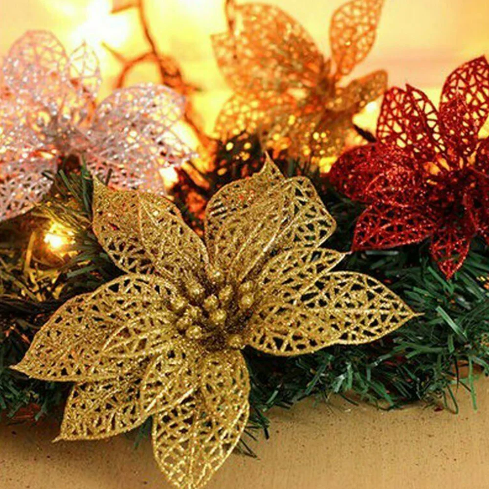 

10PCS Hollow Cutting Gold Safflower Fruit Hollow Leaves Christmas Tree Decoration Wreath DIY With Ornaments Small Pendant