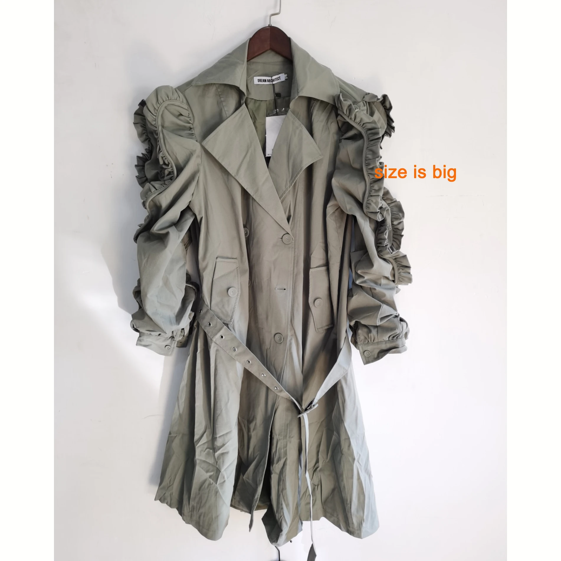 

DEAT turn-down collar ruffles patchwork full sleeves shoulder high waist double breasted waist belt female windbreaker WO03106L