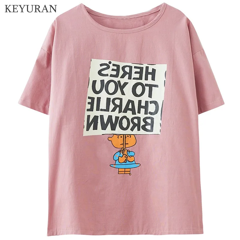 

Round Neck Letter Cartoon Print T-shirt Large Size Loose Short Sleeve Bottoming Top Women Summer Oversize T Shirts Casual Tees
