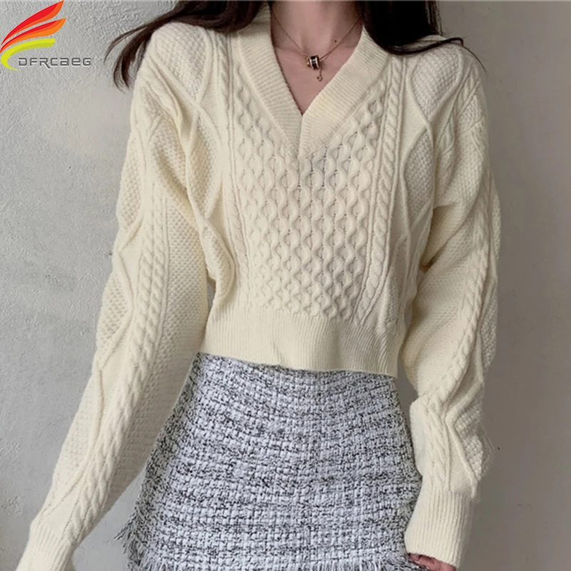 

Женский трикотажный свитер с поясом, бежевый или черный укороченный пуловер с V-образным вырезом, зима 2020