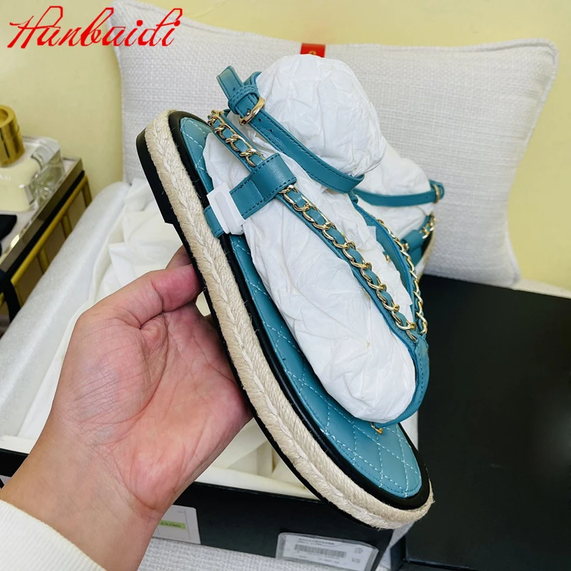 

designer brand ladies hemp rope braided sandals chain leather candy color summer shoes ankle straps Summer Sandals For Women