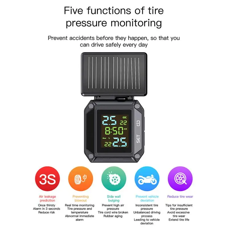 Солнечный мотоцикл TPMS беспроводной водонепроницаемый монитор давления в шинах