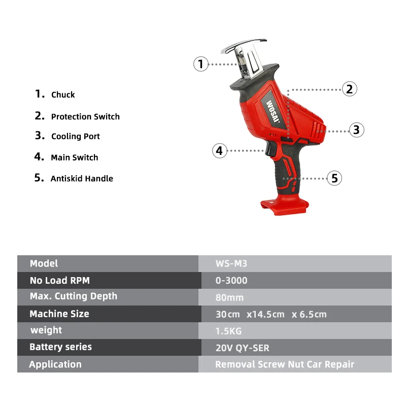 WOSAI 20V Беспроводная электрическая сабельная пила с переменной скоростью для