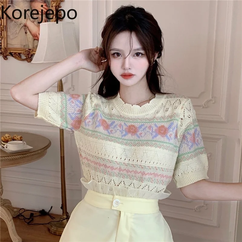 

Korejepo Women T-Shirts 2021 Summer Ladies French Sweet Hollow Jacquard Design All-Match Slimming Short-Sleeved Knitted Sweater