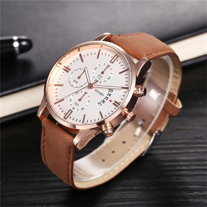 Повседневные мужские деловые часы с кожаным кварцем роскошные календарем и