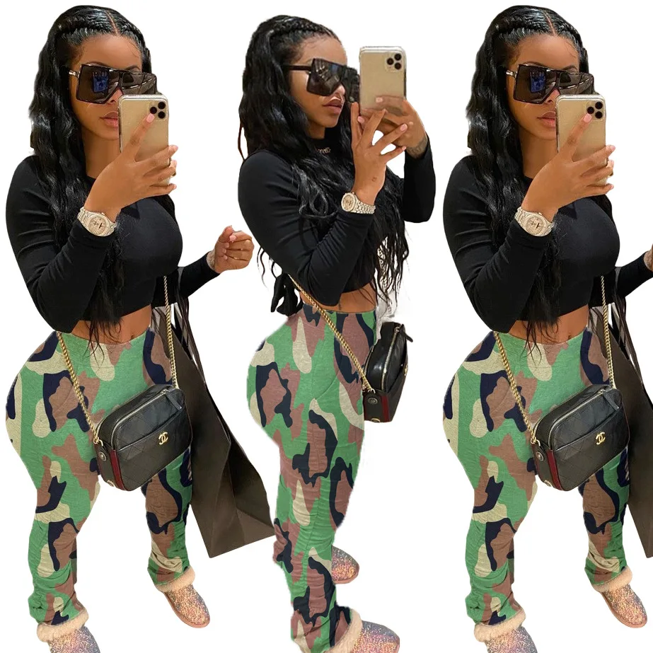 

Fashion Vintage Streetwear Women Camouflage Print High Waist Leggings Pencil Long Pants Femme Elastic Waist Flat Trousers