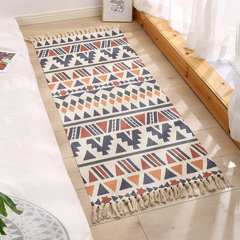 

Bohemian Hand Woven Retro Cotton Linen Carpet with Tassels Washable Bedroom Living Room decor doormat Tapestry