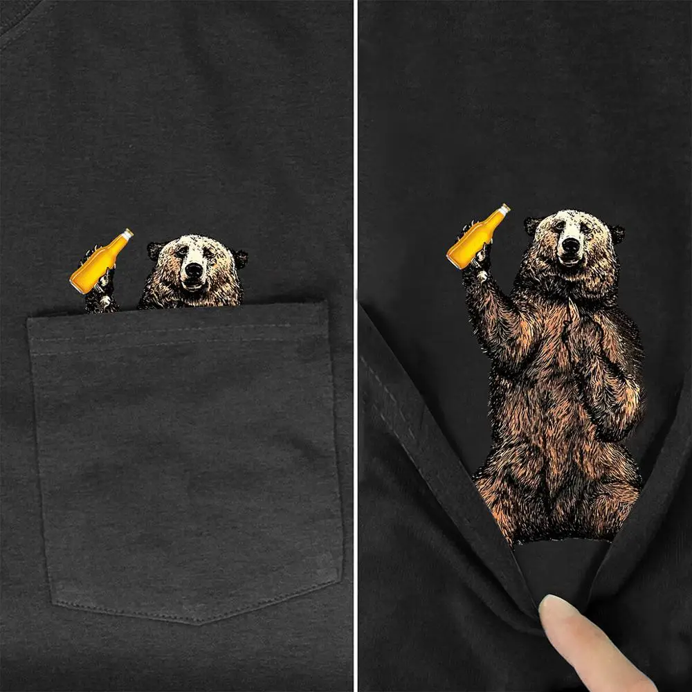 Drink Bear In Pocket T Shirt Dog Lovers Black Cotton Men Made in USA Cartoon t shirt men Unisex New Fashion tshirt style-5