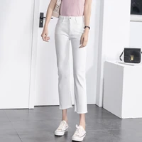 women jeans high wasit solid white washed zipper fly ankle length denim pants boyfriend straight leg ladies casual jeans summer