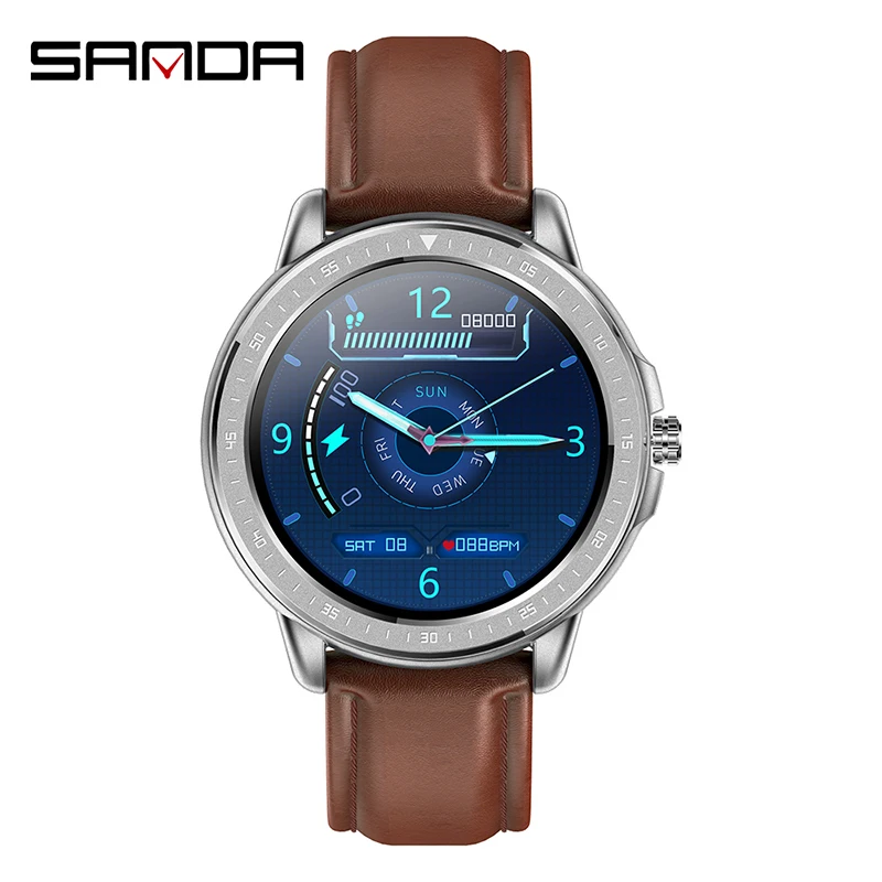 

Смарт-часы мужские водонепроницаемые с кожаным ремешком, пульсометром и тонометром